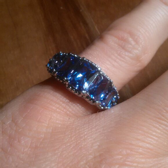 Simulated Blue Diamond Five Stone Stainless Steel Ring (Size 6) - Picture 1 of 10